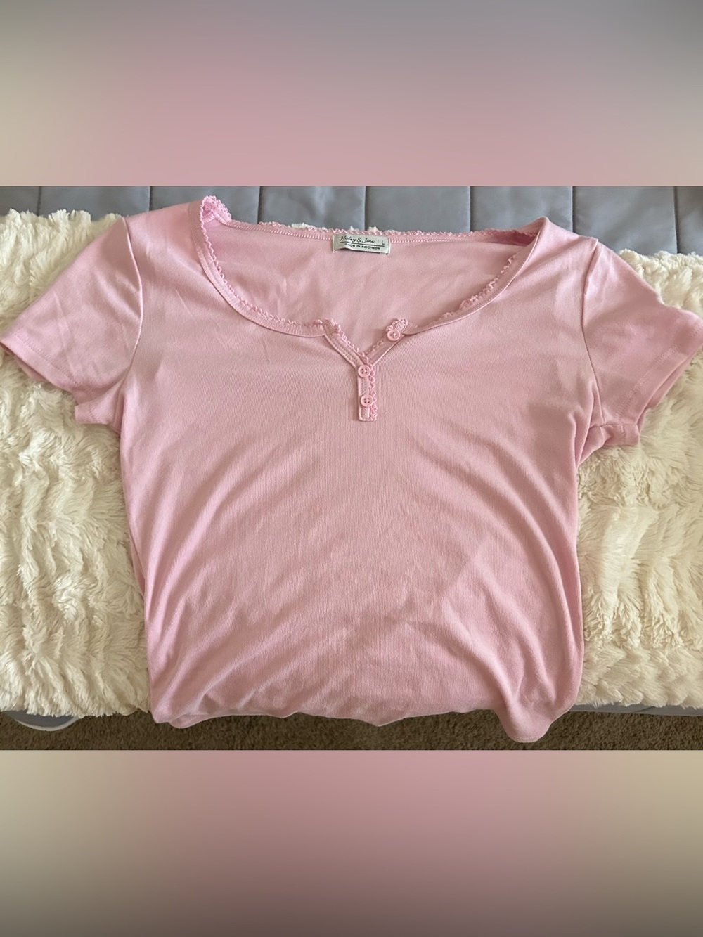 Soft Pink Short Sleeve Tee with Lace Trim